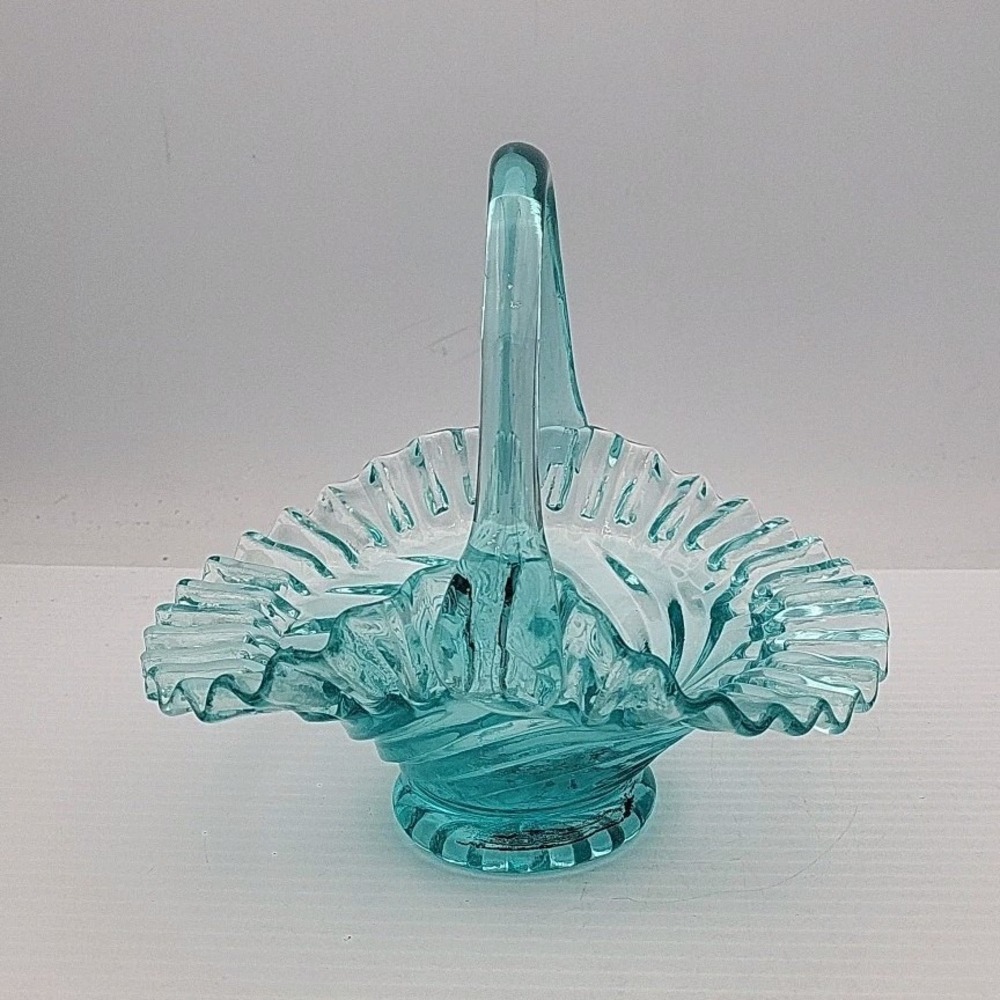 Art Glass Blue Epic Double Ruffle Ruffled Glass Candy Dish Basket 6.5in